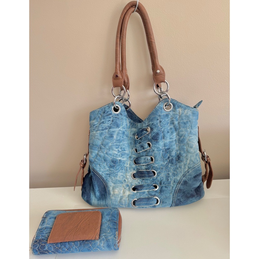 Denim and Brown Handbag with Matching Wallet